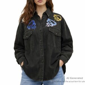 22nd Terrace M Black Oversized Denim Shirt Rhinestone Embroidery Y2K